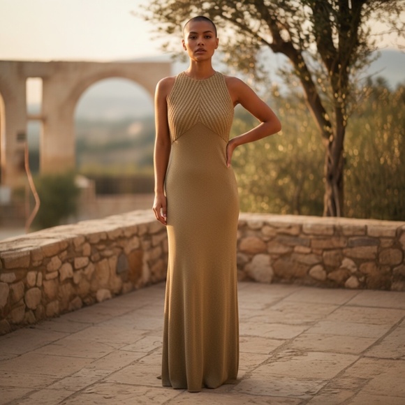 VINTAGE CARMEN MARC VALVO WOMEN'S BEADED GOLD METALLIC IVORY DRESS SIZE 4